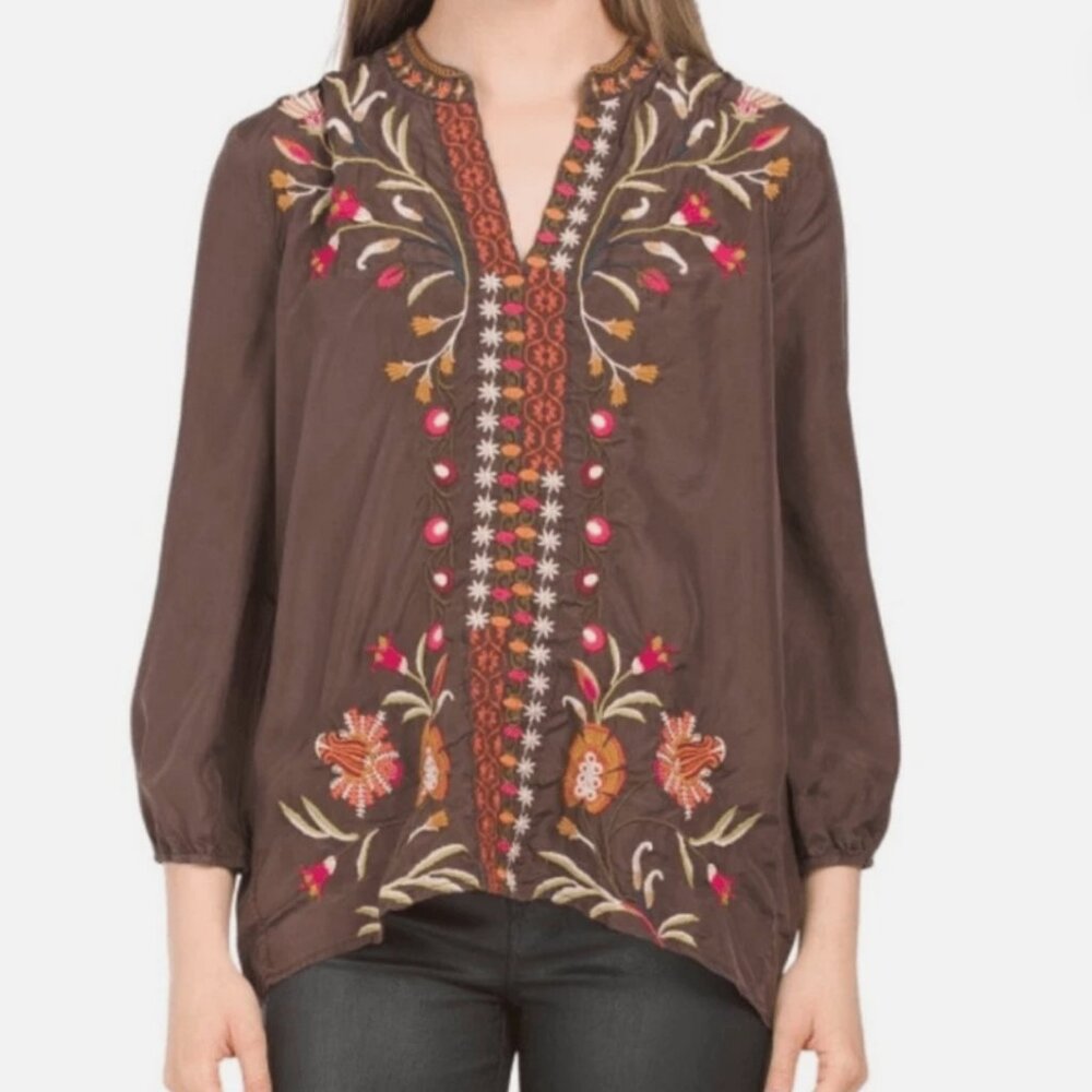 Johnny Was Rosalva Paris Effortless Silk Blouse Brown SIZE SMALL